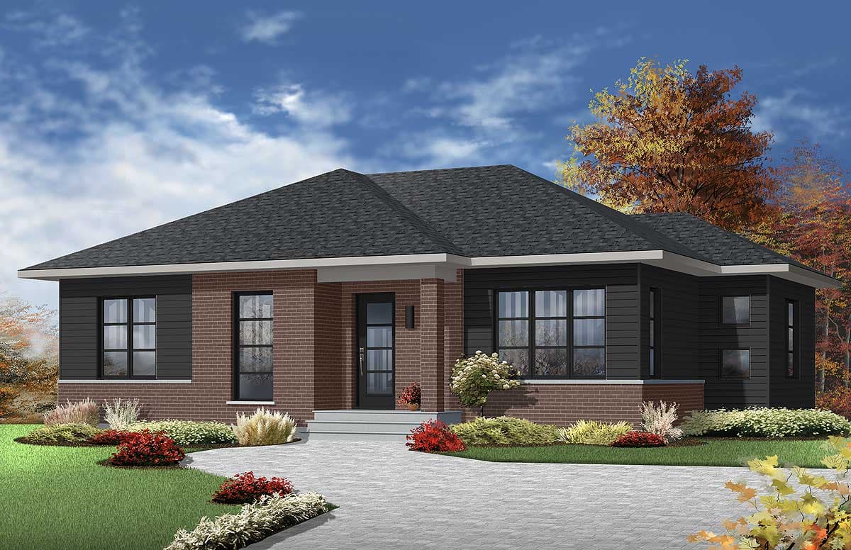 House plan exterior view of a single-story home with brick and dark siding, gabled roof, and large windows.