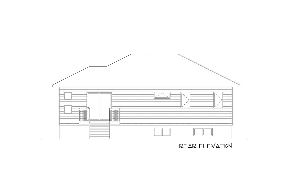 Rear elevation drawing of a house plan featuring horizontal siding, sliding doors with railings, steps, and multiple windows.