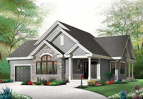 House plan exterior: One-story home with a stone facade, arched window, covered front porch, gables, and attached garage.