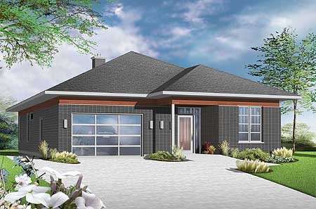 Modern house plan exterior, one story, with a garage, wide windows, and a covered entryway.