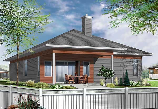 House plan exterior: Single-story modern home with covered patio, large windows, and prominent chimney.
