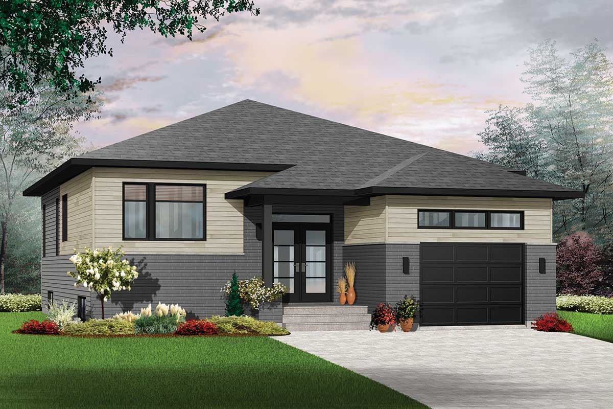 Modern house plan exterior with a hip roof, two-tone siding, double door entry, and an attached garage.