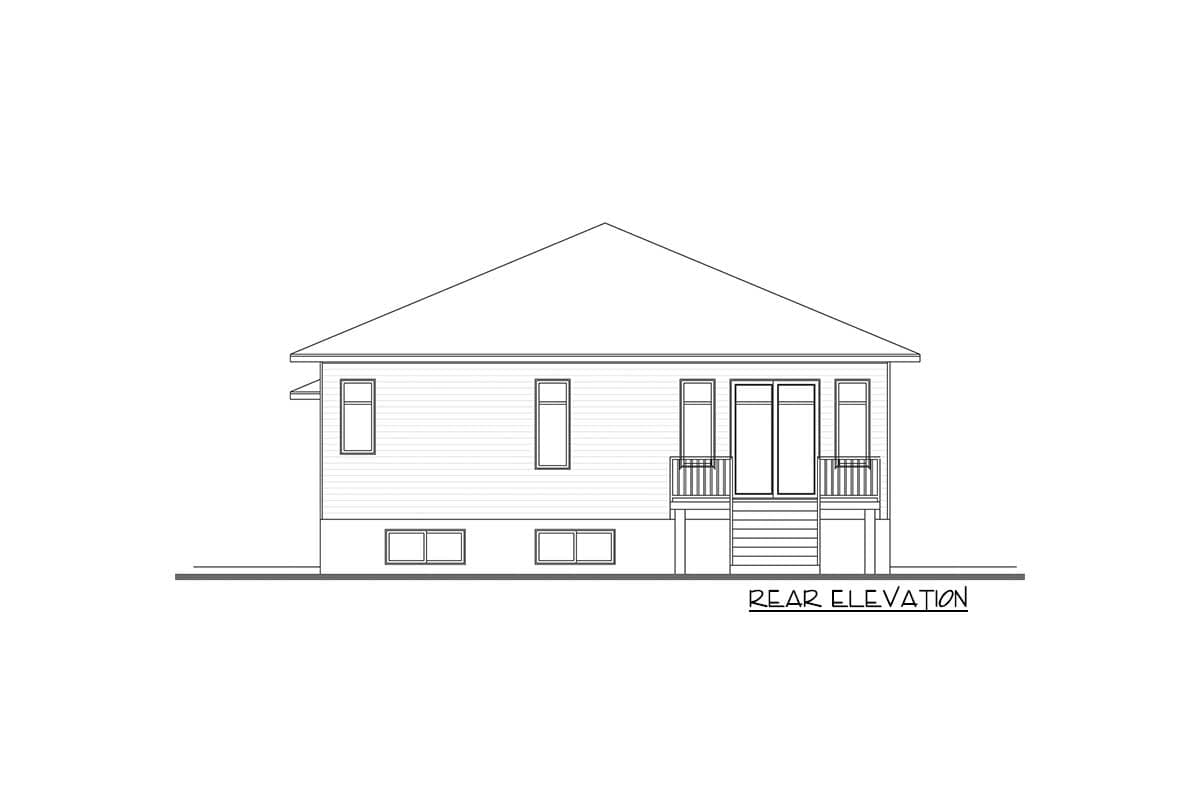Rear elevation drawing of a house plan, showing a sloped roof, siding, windows, and a central door with a small porch and steps.