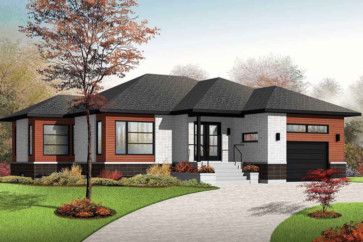 House plan exterior of a one-story modern home with brick and wood siding, gabled roof, covered entry, and attached garage.