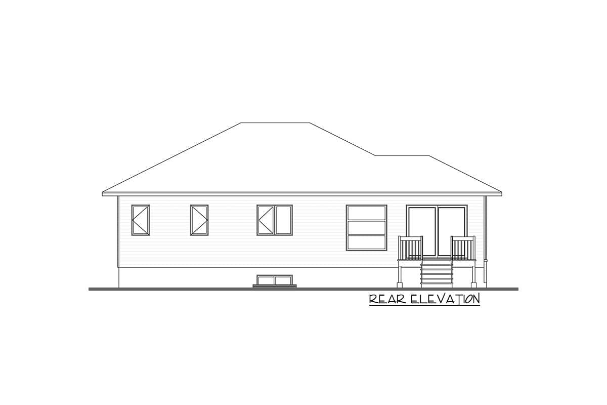 Rear elevation drawing of a single-story house with a hip roof, showing windows, sliding glass doors, and a porch with stairs.