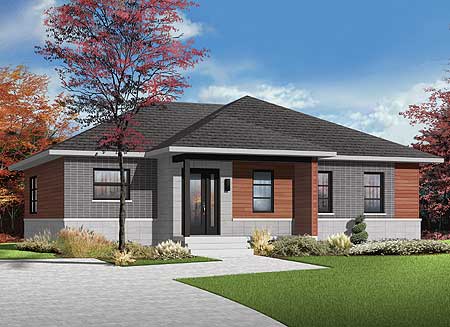 House plan exterior: One-story modern home with mixed-material facade, prominent hip roof, and covered entry.