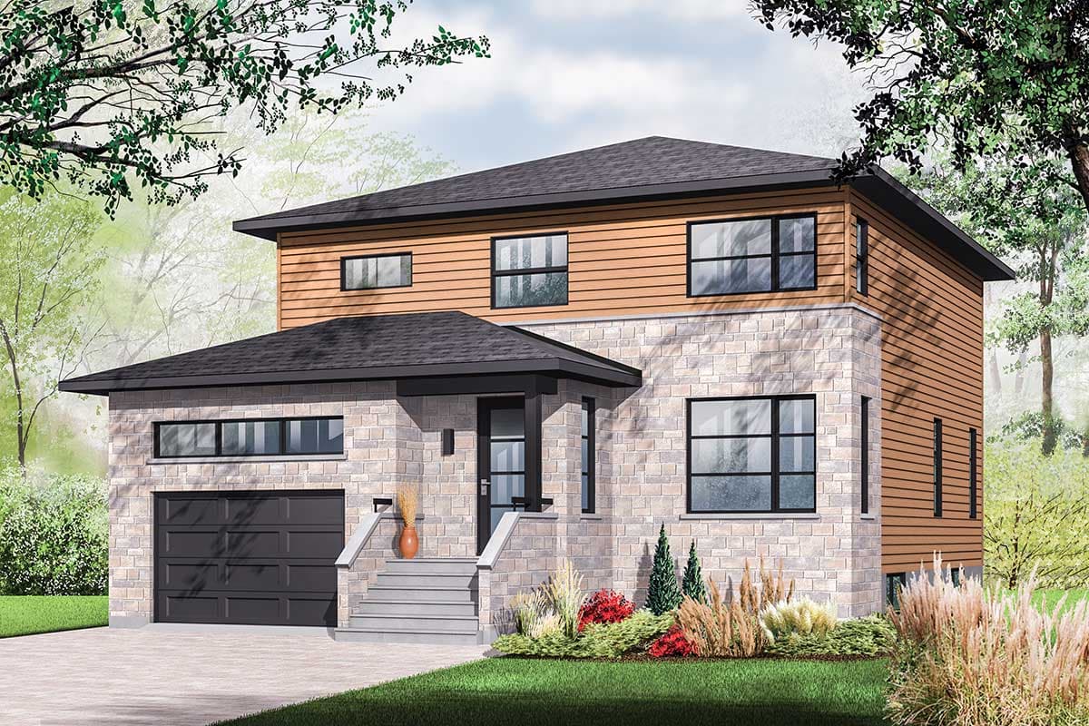 House plan exterior of a two-story Modern home with stone and wood siding, attached garage, and covered entry.