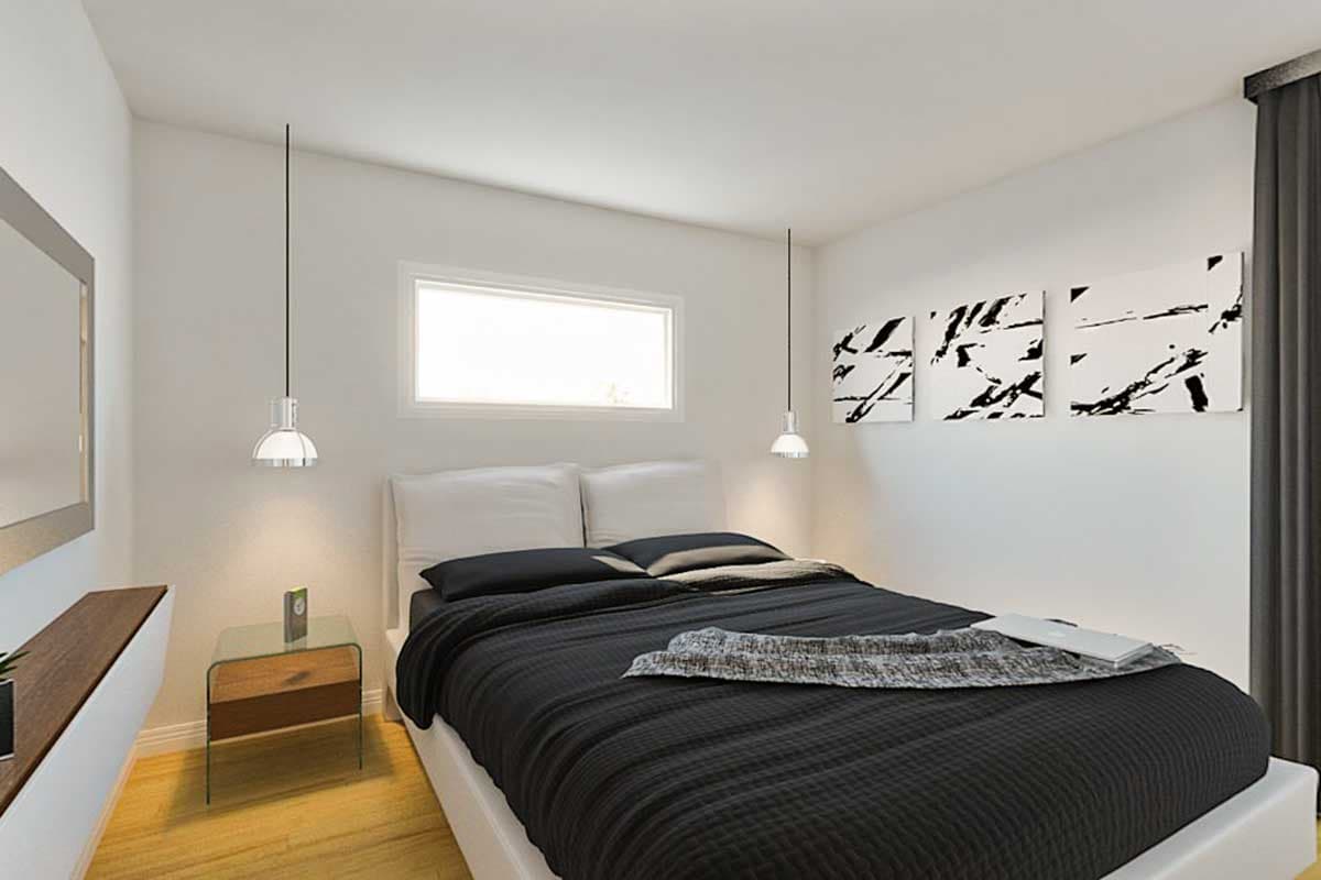 Bedroom rendering with a queen bed, minimalist decor, narrow horizontal window, pendant lighting, and abstract art.