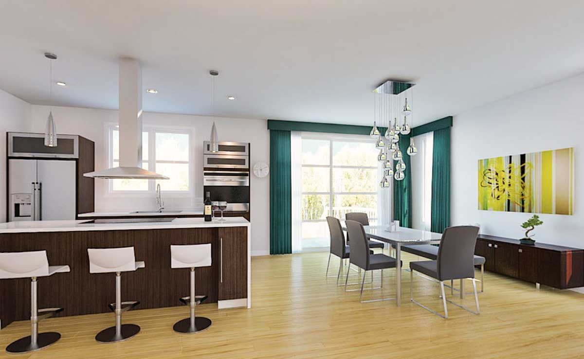Modern kitchen and dining area rendering with island, pendant lighting, large windows, and contemporary furniture.
