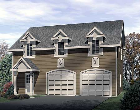House plan exterior with two-car garage, dormer windows, and a covered entryway.