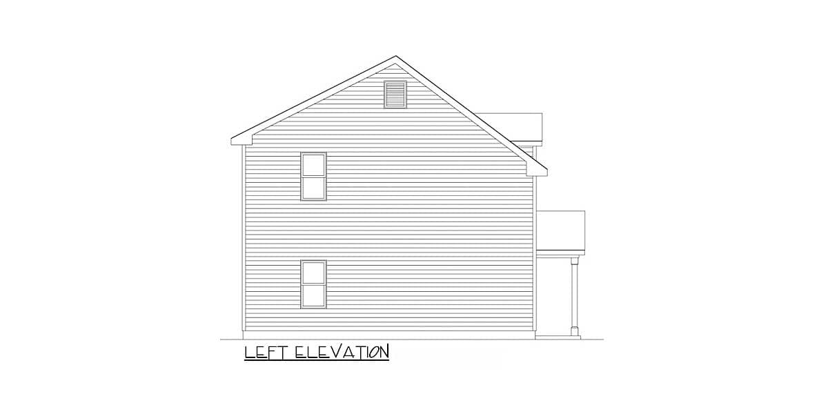 Left elevation drawing of a two-story house with clapboard siding, two windows on each story, and a gabled roof with a vent.