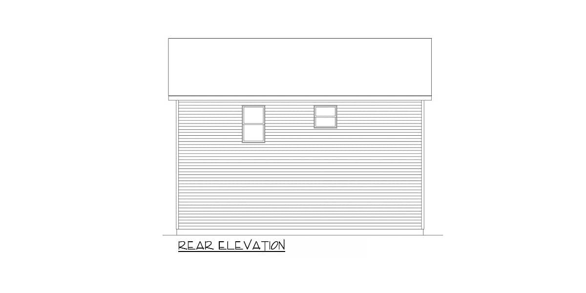 Rear elevation drawing of a house with horizontal siding and two windows.