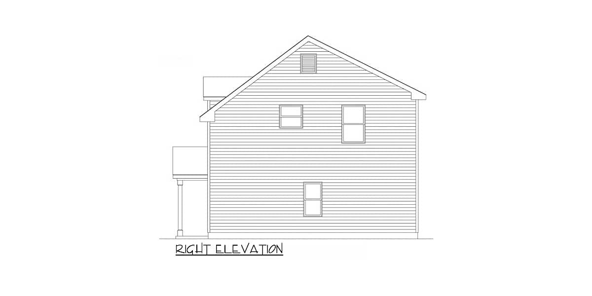 Right elevation drawing of a two-story house with horizontal siding, a gabled roof, a dormer window, and a covered porch.