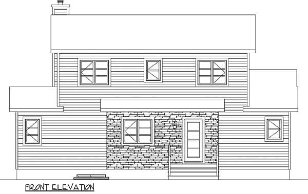 Front elevation drawing of a two-story house with horizontal siding, stone-clad entry, and multiple windows.