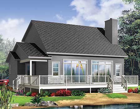 House plan exterior: one-story home with prominent gabled roof, large windows, wide deck, and stone chimney.