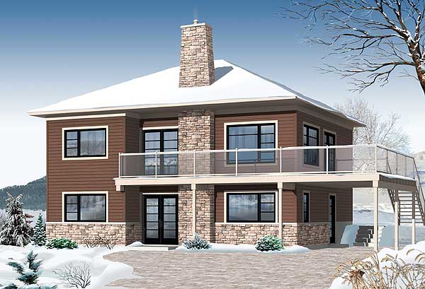 Two-story house plan exterior with stone accents, large windows, a prominent stone chimney, and a wraparound deck.