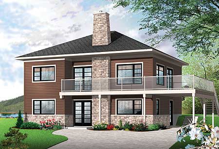 House plan exterior: Two-story modern home with stone chimney, horizontal siding, and wrap-around deck with glass railing.
