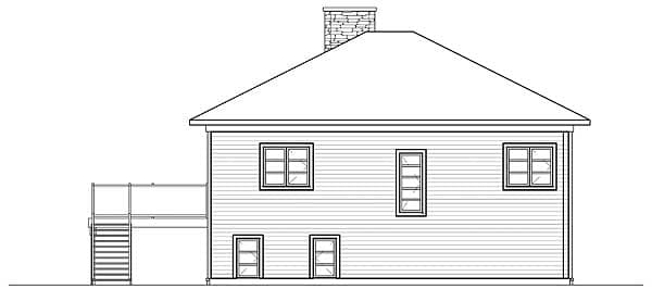 Side elevation house plan showing a gabled roof, chimney, multi-pane windows, and a deck with stairs.
