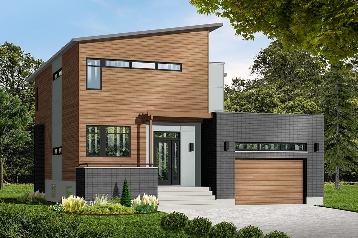 Modern house plan exterior with wood siding, brick accents, sloped roof, and attached garage with horizontal wood door.