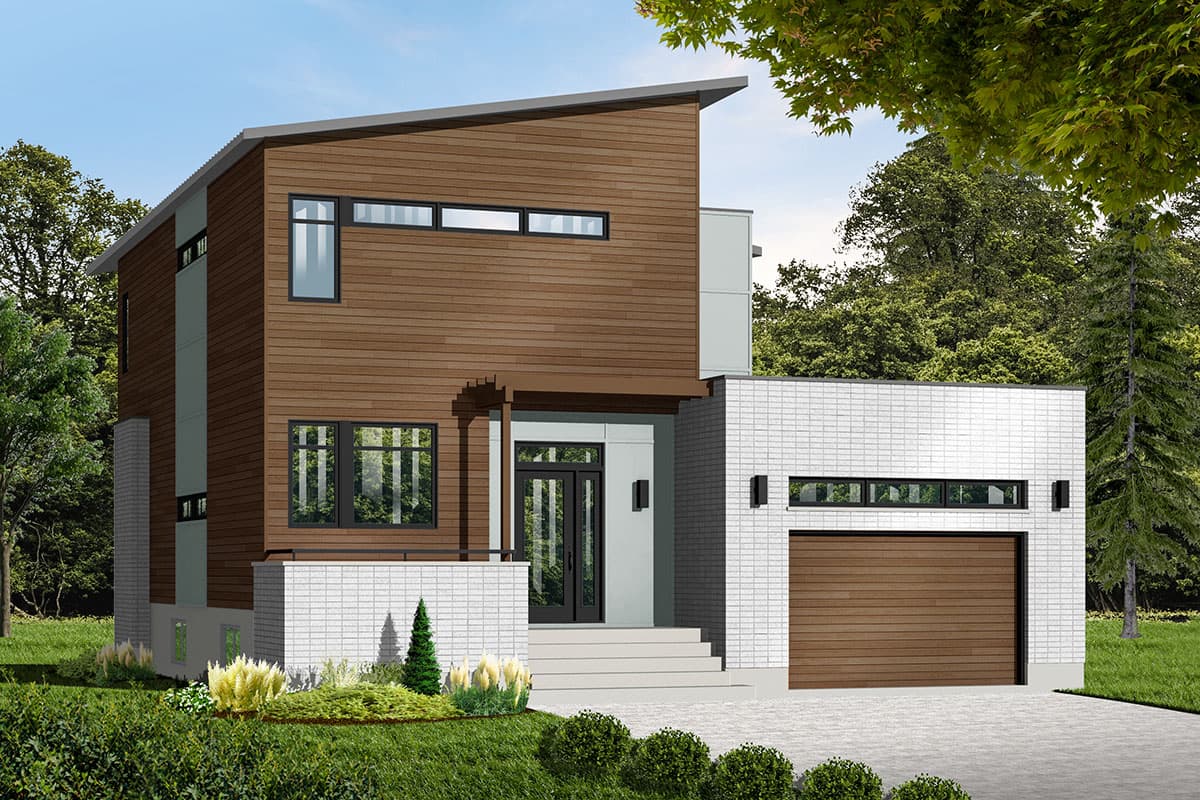 House plan exterior: Two-story modern home with wood siding, white brick, angled roof, and attached garage.