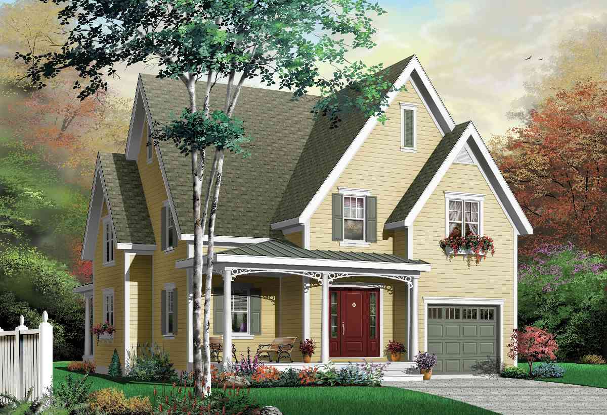 House plan exterior: Two-story home with steeply pitched gables, front porch with decorative brackets, and attached one-car garage.