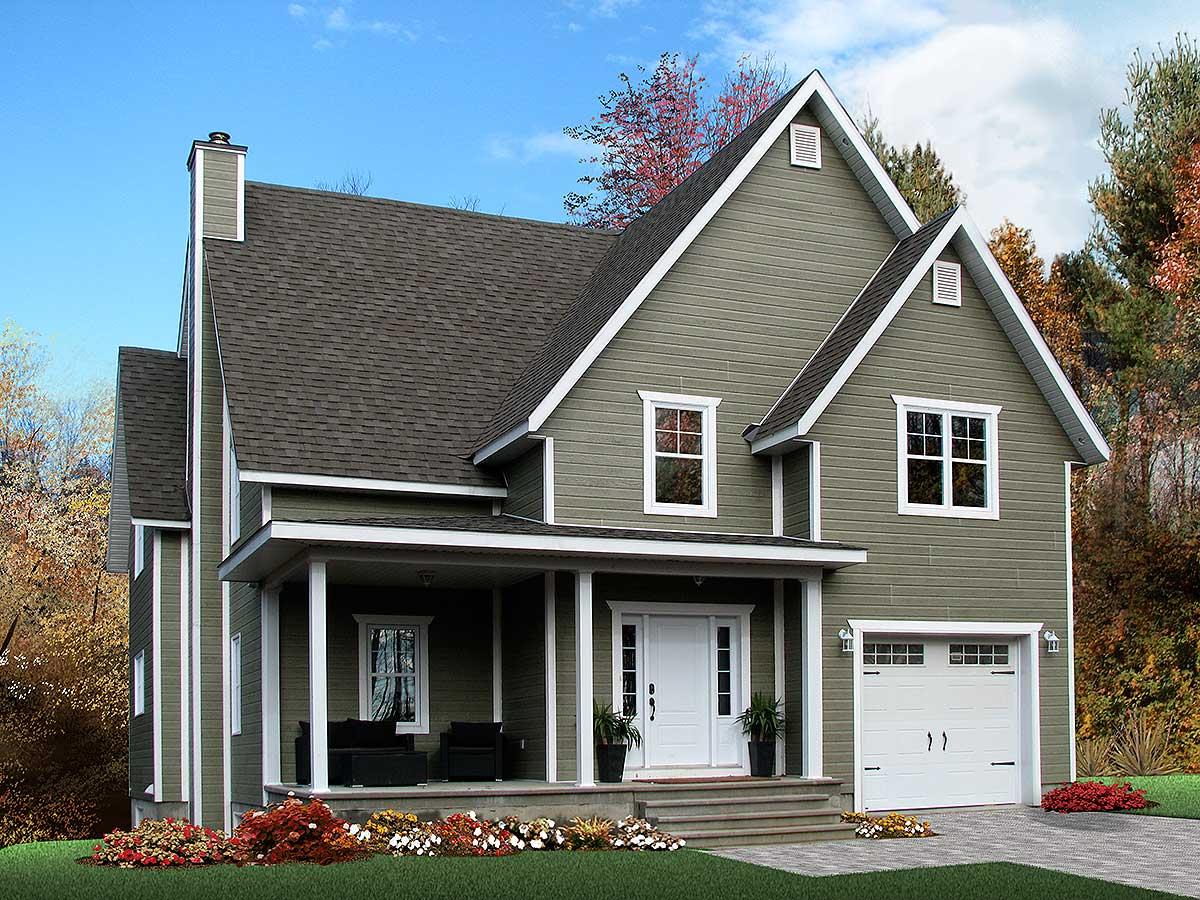 House plan exterior: Two-story Modern Farmhouse with front porch, gabled dormers, and side-facing garage.