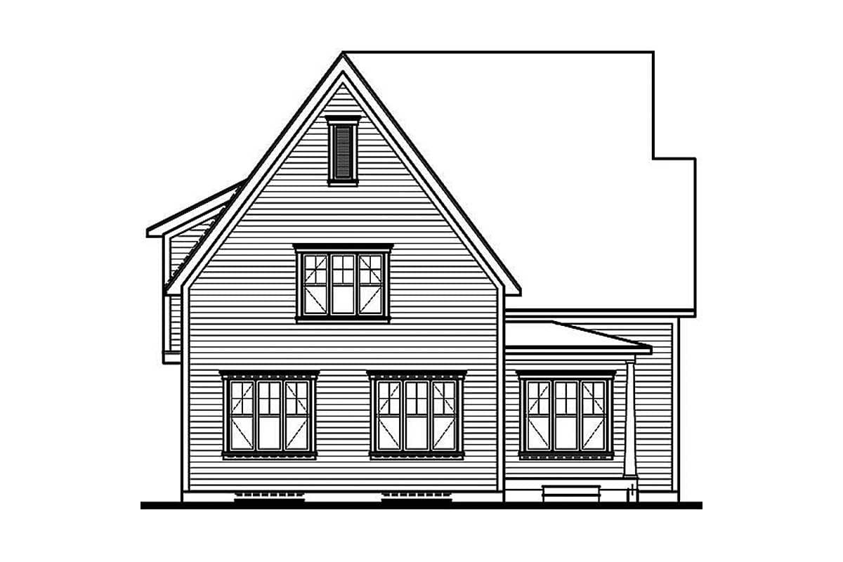 House plan exterior elevation drawing with gables, dormer, multiple windows, and porch.