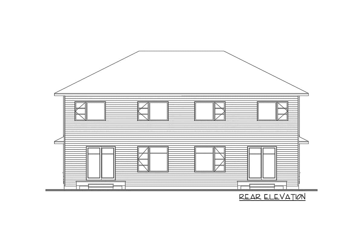 Rear elevation drawing of a two-story house with horizontal siding, six upper windows, and two sets of double doors with four windows below.