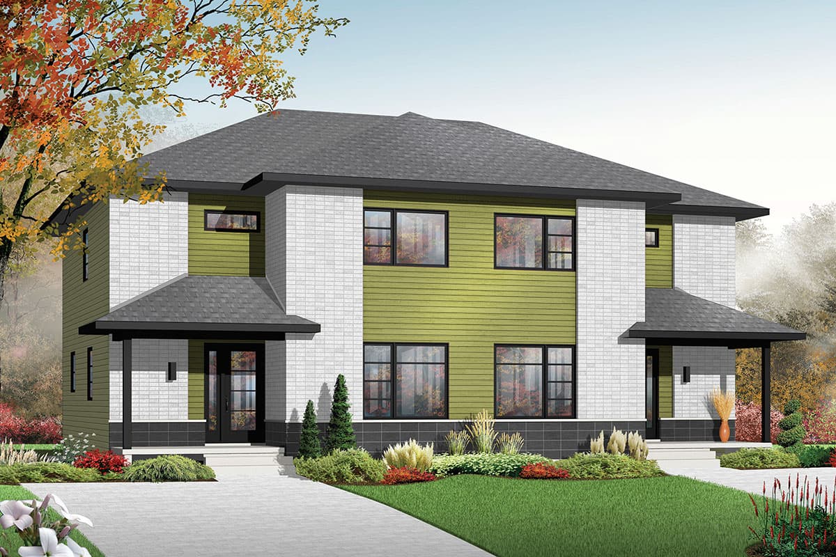House plan exterior for a two-story duplex with modern style, side-facing garages, prominent gables, and contrasting green siding with white brick.