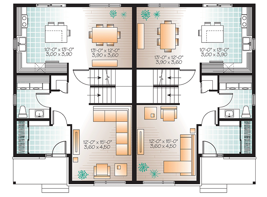 Plan 22394DR: Two-Story Multi-Family Duplex - Floor Plan - Main Level