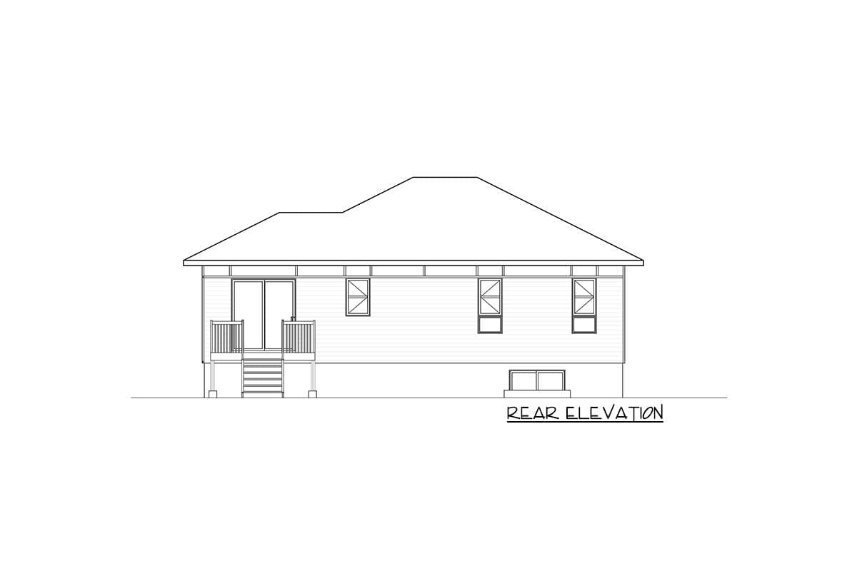 Rear elevation house plan showing a single-story home with a hip roof, a small deck, and multiple windows.