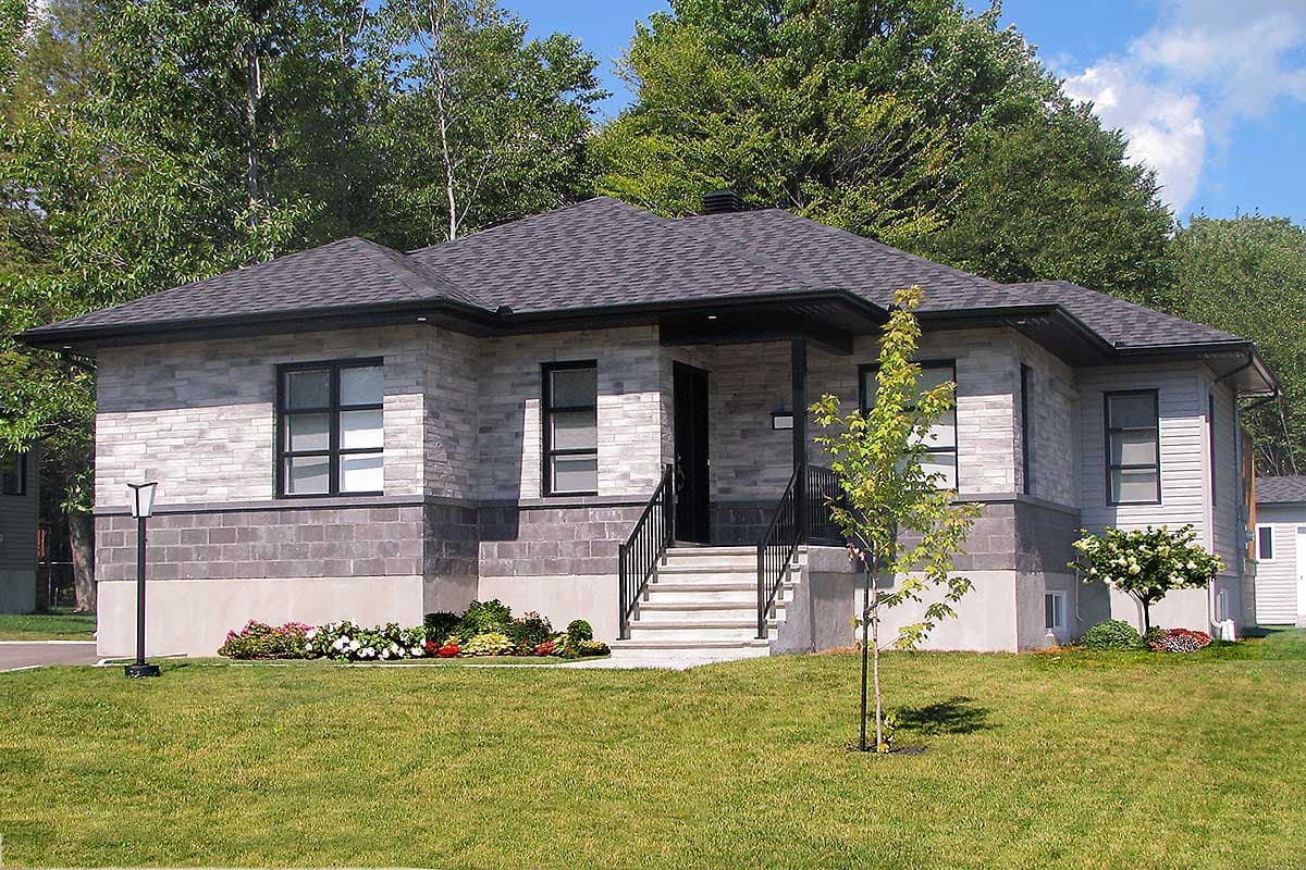 House plan exterior: Modern style, one story, stone facade, covered entry porch with stairs, asphalt shingle roof.