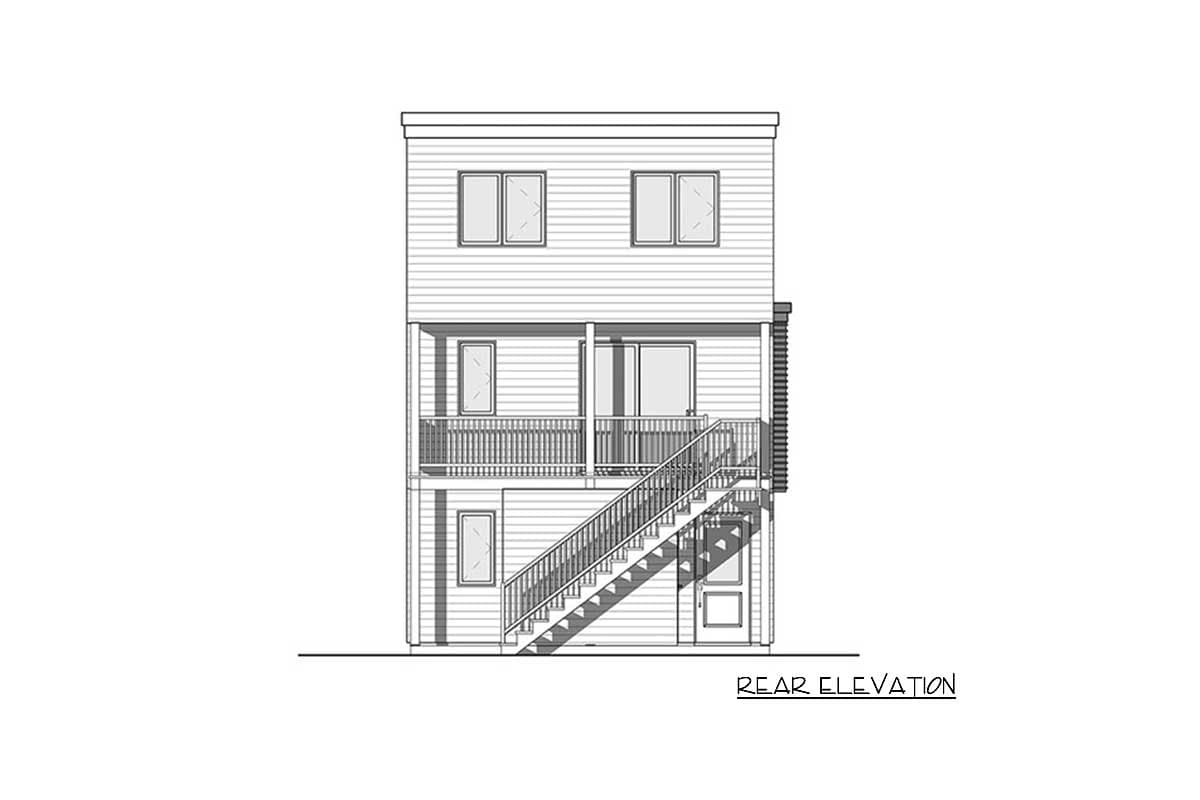 Rear elevation drawing of a two-story house plan with a balcony, stairs, and double doors.
