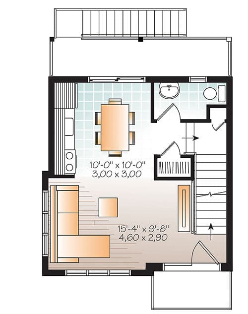 Plan 22397DR: Three Level Contemporary House Plan - 1015 Sq Ft - Floor Plan - Main Level - Contemporary, Modern