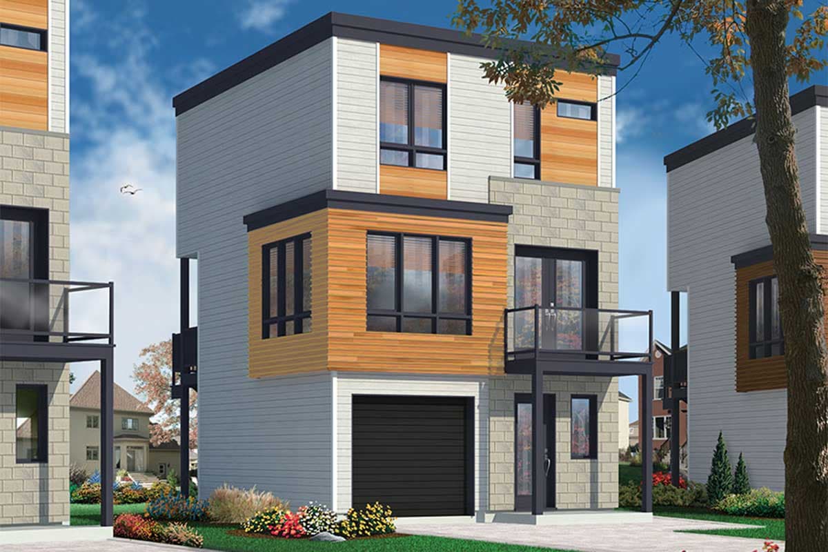 Modern multi-story house plan with wood siding, stone veneer, garage, and balcony.
