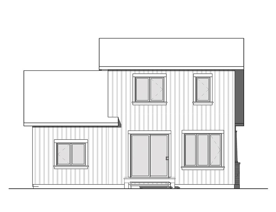 House plan exterior of a two-story home with a low-pitch roof, siding, and multiple windows.