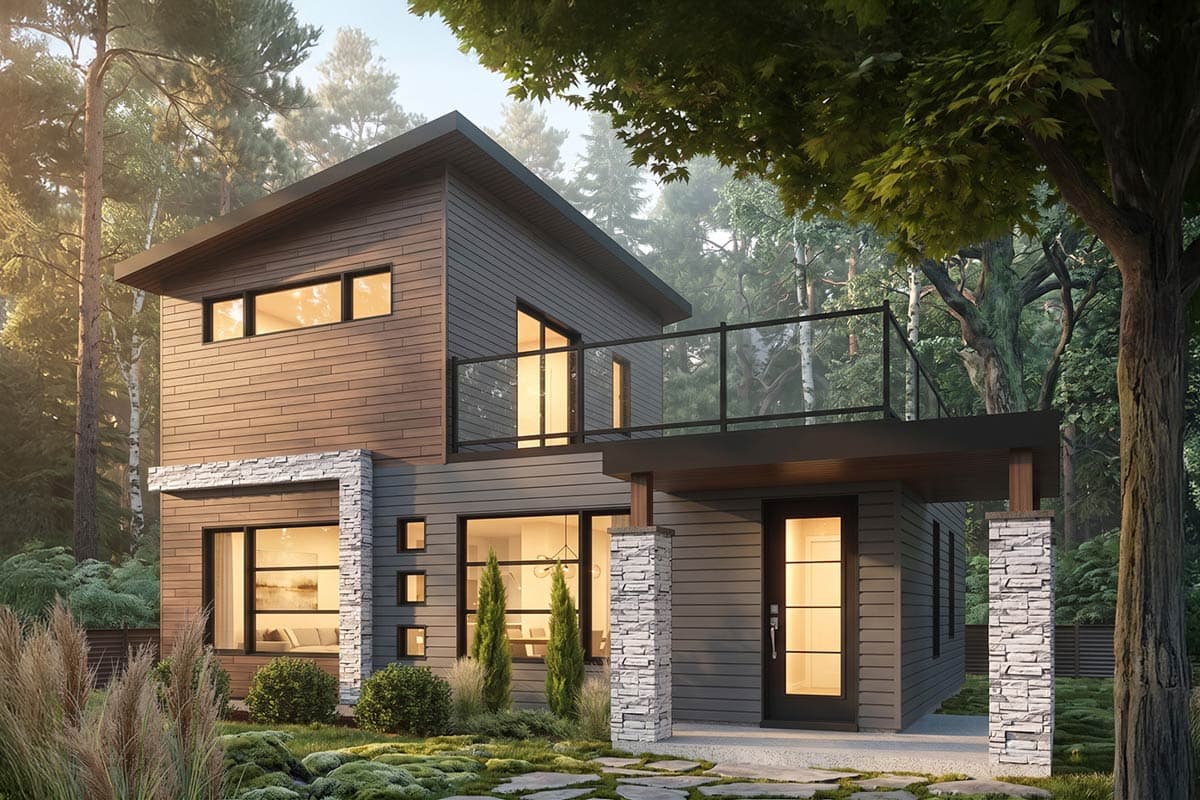 House plan exterior with modern design. Two-story structure featuring wood siding, a flat roof, and a balcony with glass railing.