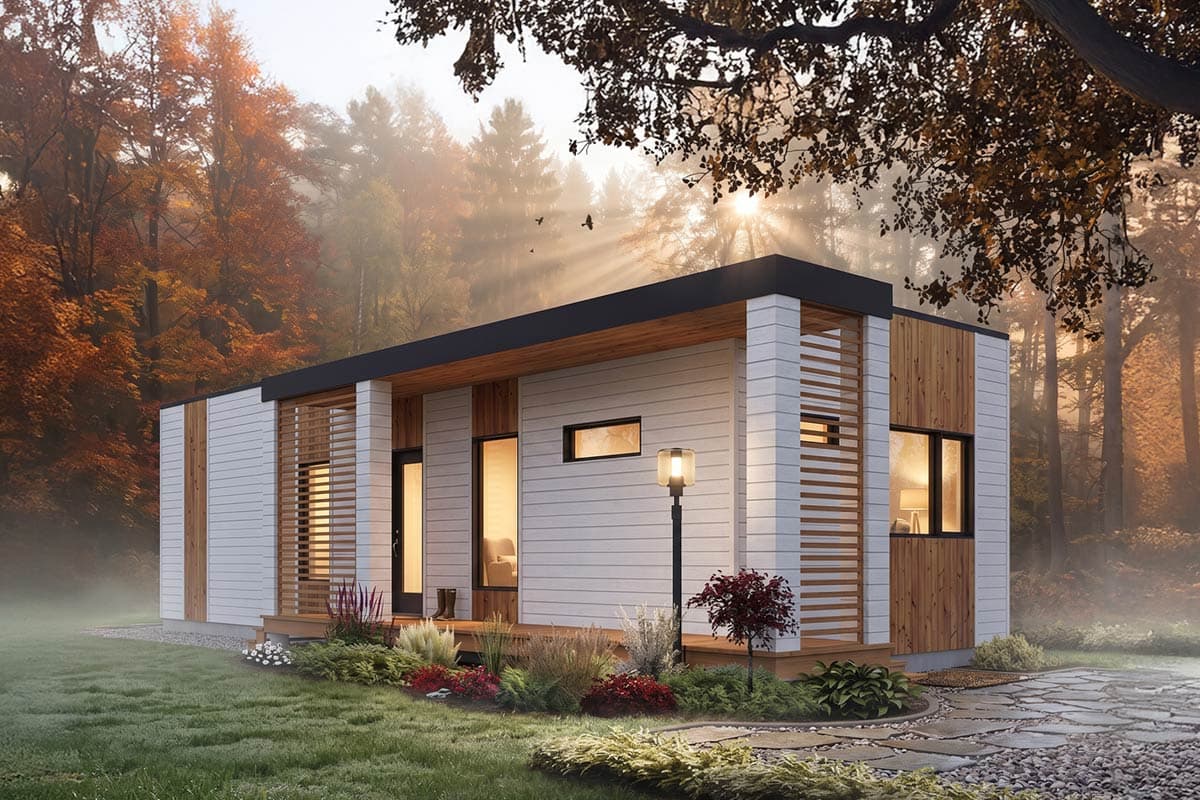 Modern single-story house plan exterior with horizontal siding, wood accents, a flat roof, and slatted screens.