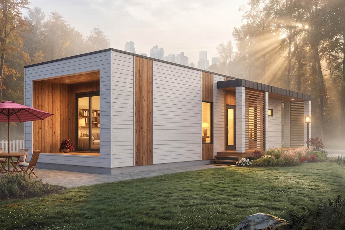 Modern house plan exterior with flat roof, wood accents, covered porch, and large windows.