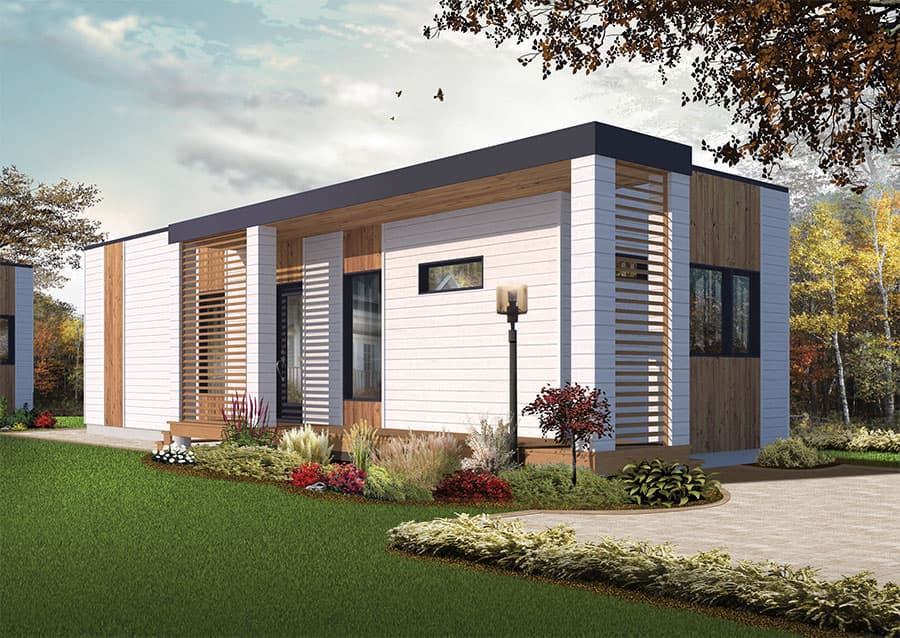 Modern single-story house plan exterior with horizontal siding, wood accents, a flat roof, and slatted screens.