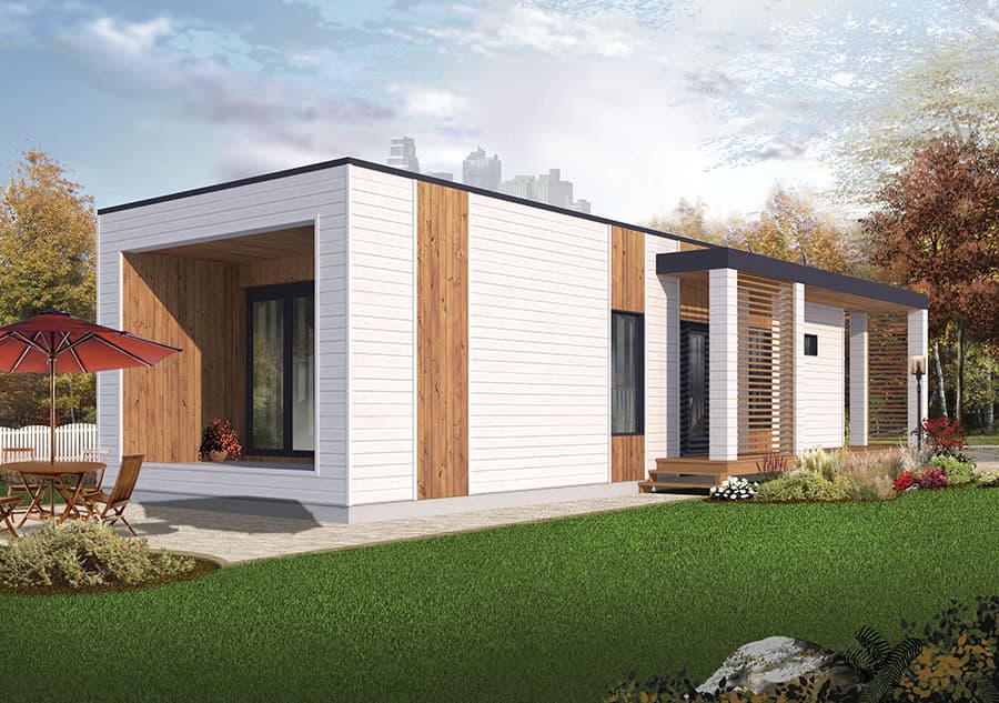 Modern house plan exterior with flat roof, wood accents, covered porch, and large windows.