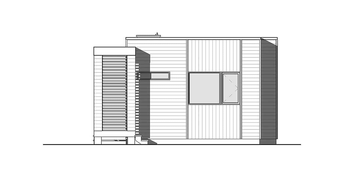 Modern house plan exterior drawing with horizontal siding, vertical siding, and a flat roof.