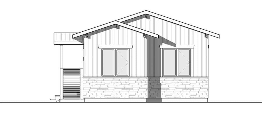 House plan exterior, single-story, modern design with stone base, vertical siding, and intersecting gable rooflines.
