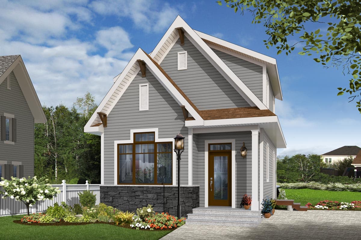 House plan exterior: two-story modern farmhouse with gables, dormers, covered porch, and stone foundation.
