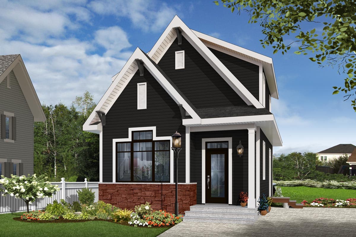 House plan exterior: two-story dark siding home with prominent gables, white trim, stone wainscoting, and covered porch.