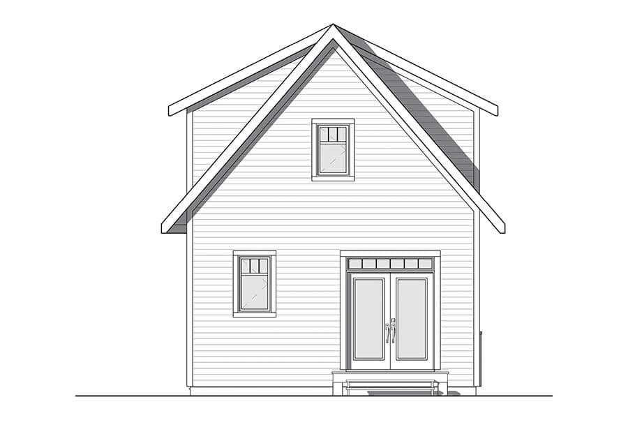 House plan exterior elevation showing a two-story home with a prominent gable roof, double doors with transom windows, and two upper windows.