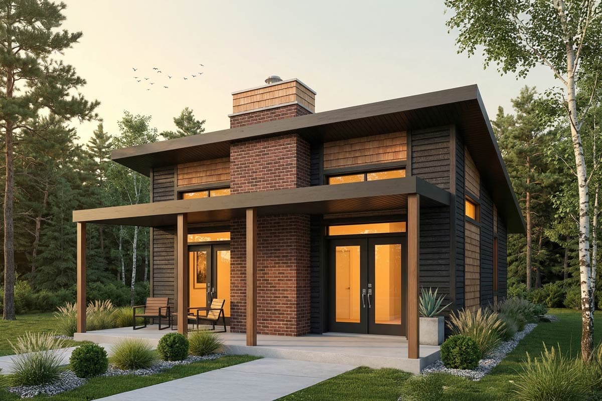 A modern two-story house with a flat roof, horizontal siding, and a brick chimney. Wooden pillars support the porch. Landscaping surrounds.