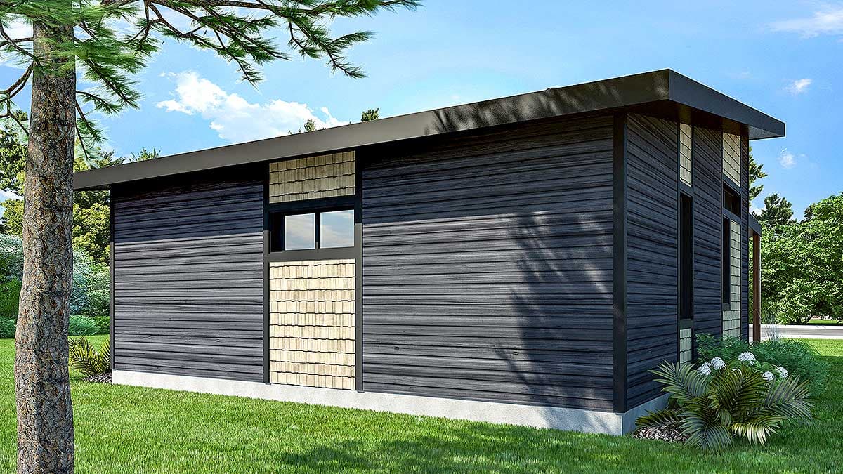 Modern, dark-wood-clad building with a flat roof. Horizontal siding, a section of light-colored shingles, and a window are visible.