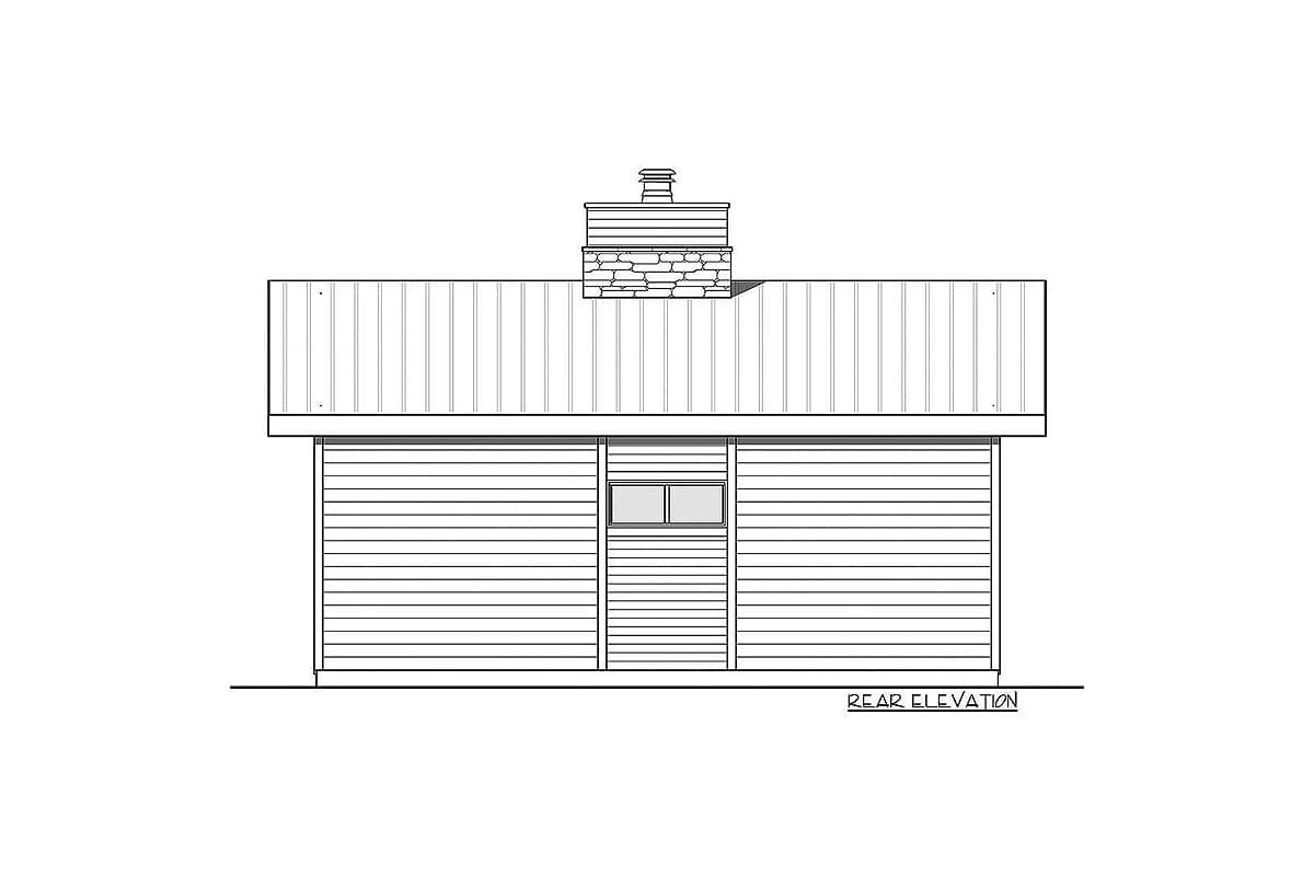A rear elevation architectural drawing of a small building. It features a horizontal roof, a chimney, and a small window centered on the facade.