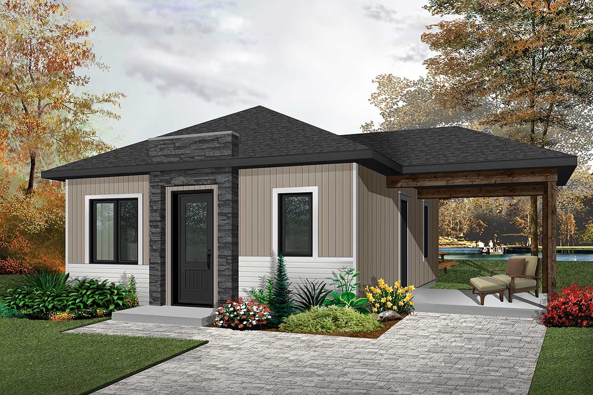 House plan exterior: Modern single-story home with stone accent entry, dark roof, and covered patio with wood beams.